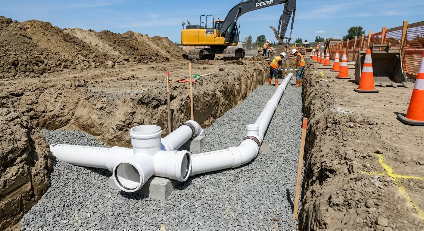 New PVC sewer pipe installation in open trench for Grease Trap Cleaning in Lebanon