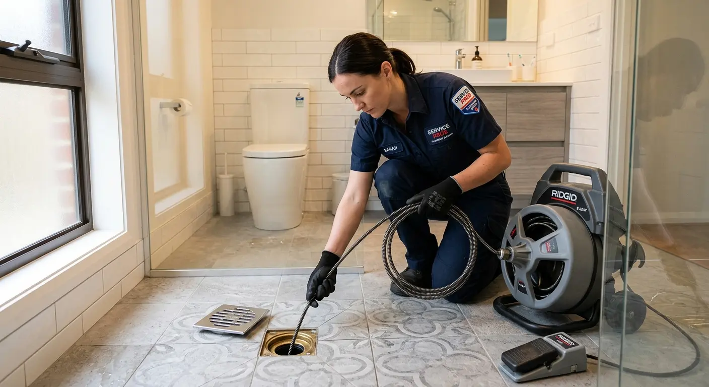 Technician clearing a bathroom floor drain for Drain Repair in Lebanon